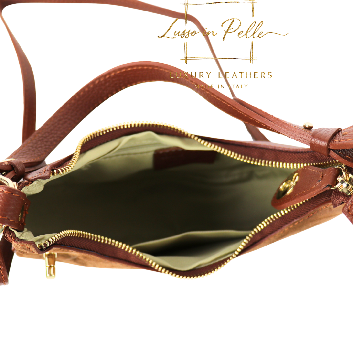 Brown leather handbag with gold interior on a white background, featuring the brand 'Lusso in Pelle'.