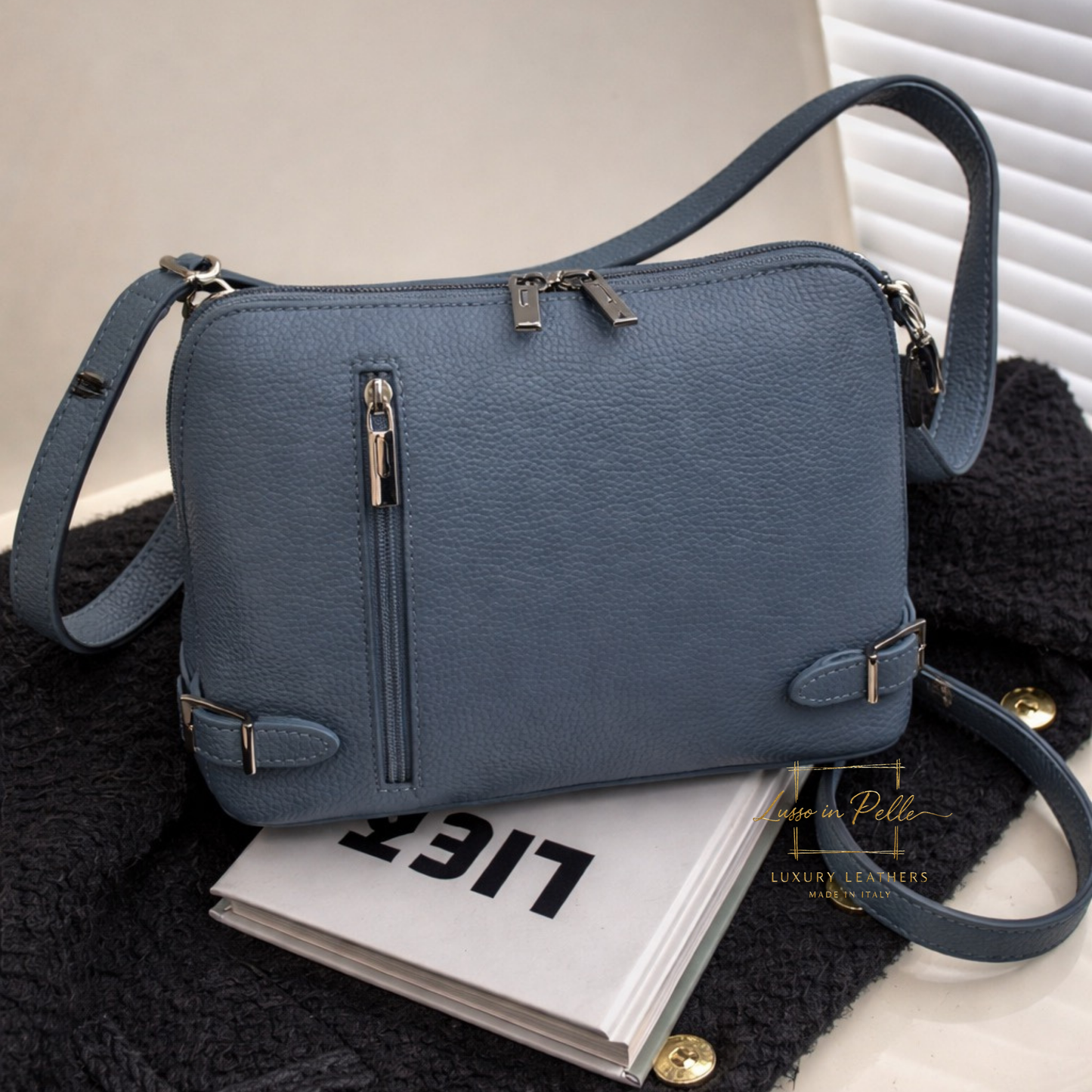 Rectangular Structured Italian Grain Leather Crossbody Bag with Adjustable Straps