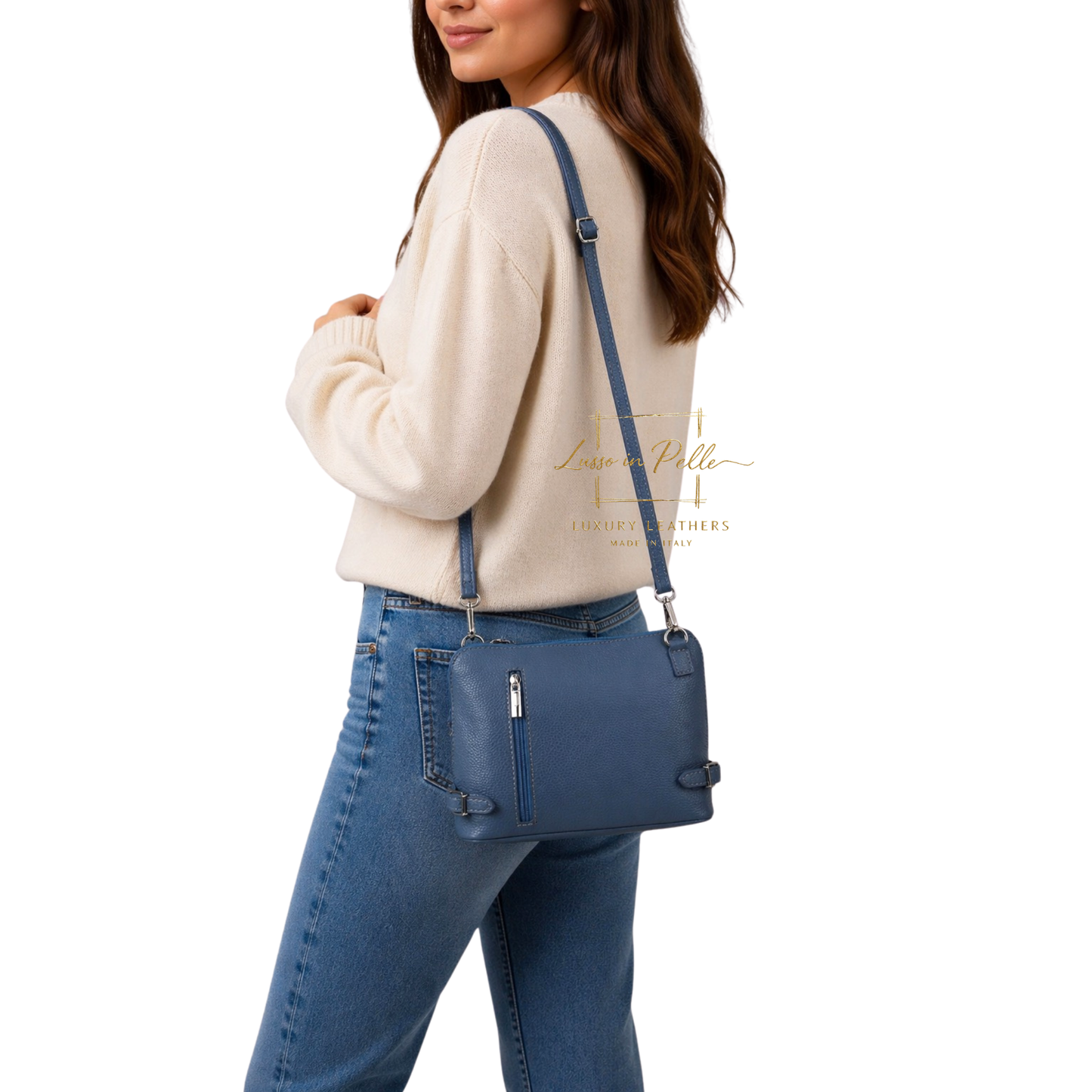 Rectangular Structured Italian Grain Leather Crossbody Bag with Adjustable Straps