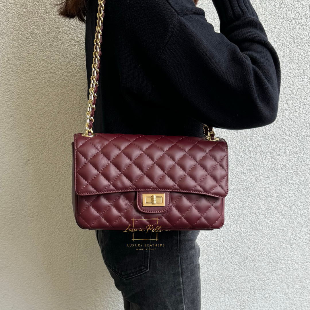 Large Quilted Italian Leather Handbag - Lussoinpelle Burgundy Crossbody bags