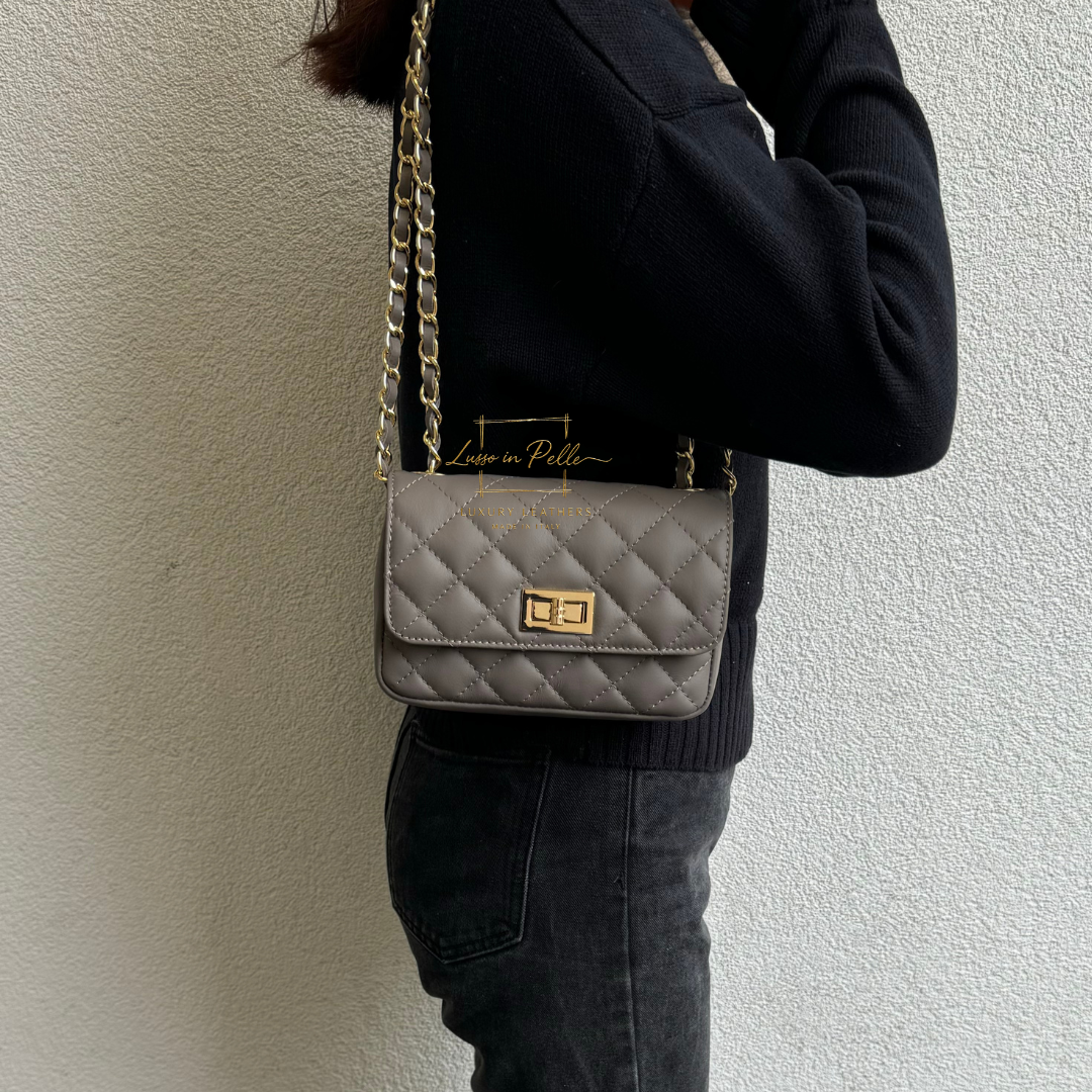 Small Quilted Italian Leather Handbag - Lussoinpelle Ash gray Crossbody bags