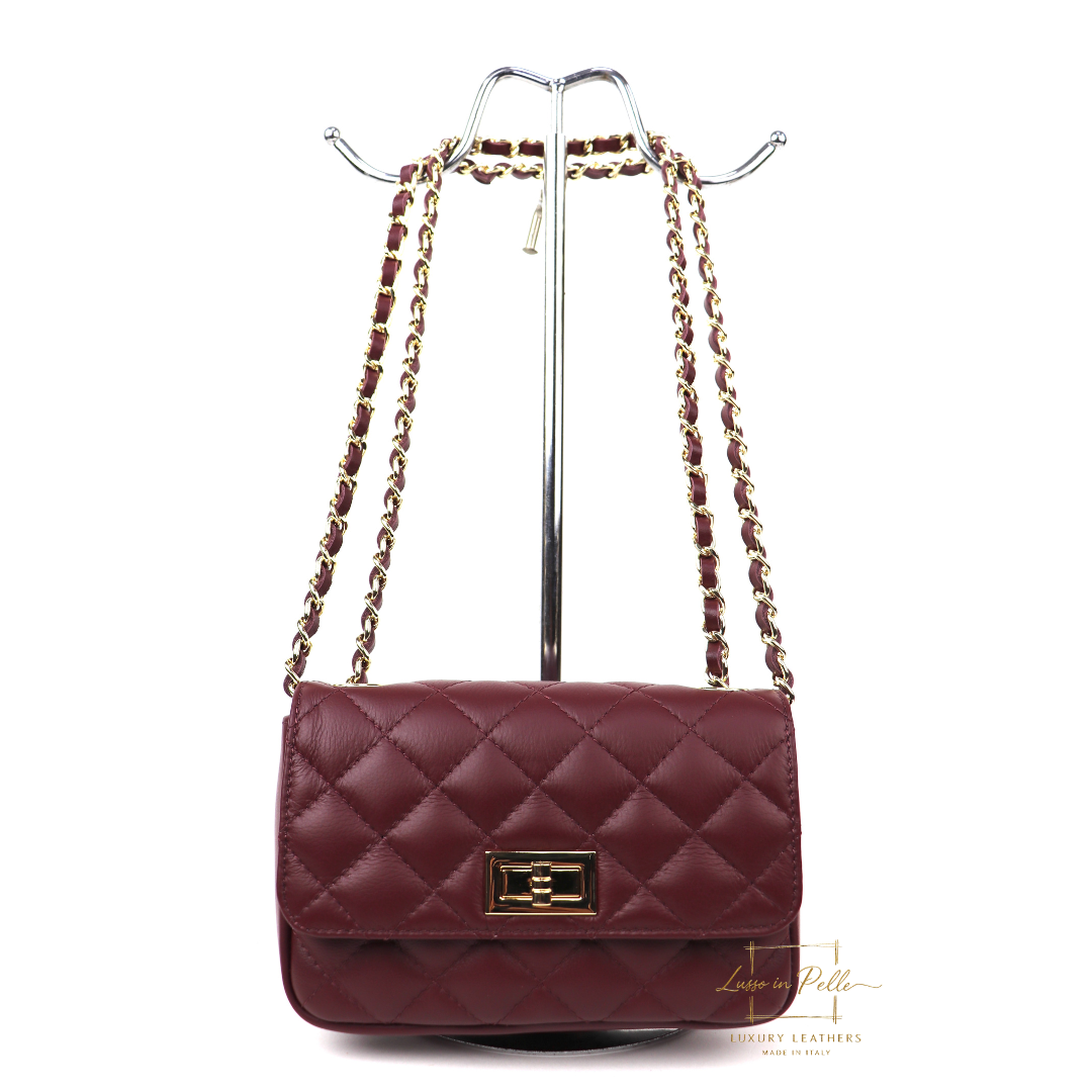 Small Quilted Italian Leather Handbag - Lussoinpelle Burgundy Crossbody bags