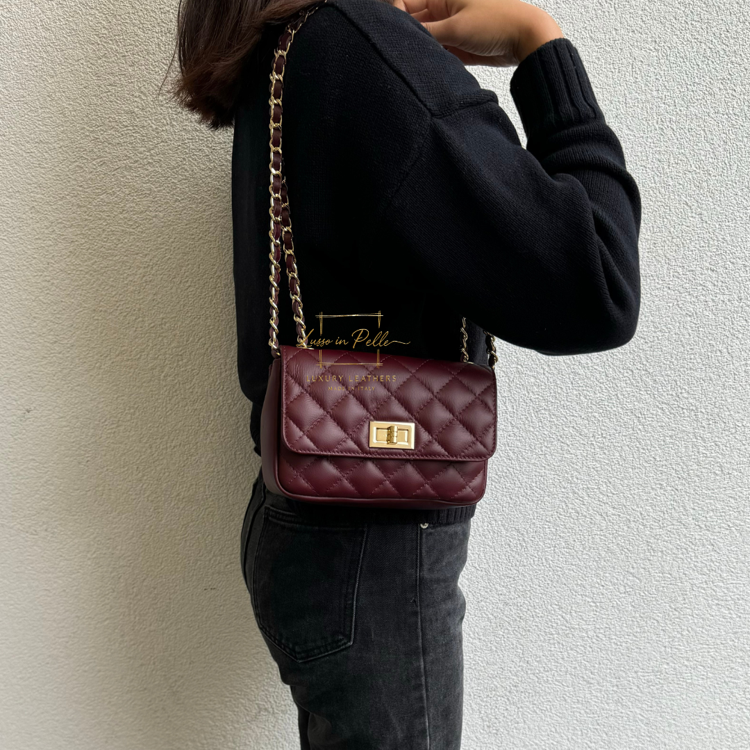 Small Quilted Italian Leather Handbag - Lussoinpelle Burgundy Crossbody bags