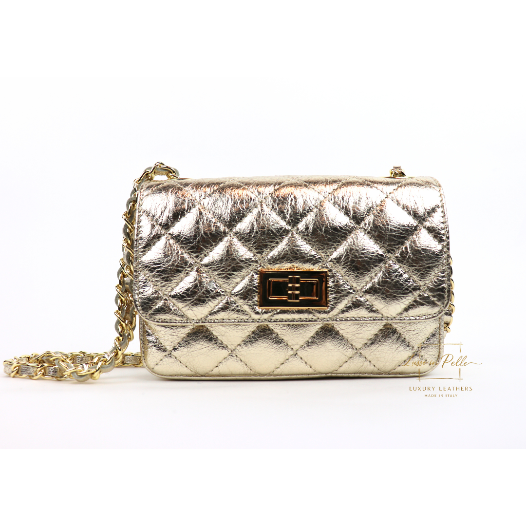 Small Quilted Italian Leather Handbag - Lussoinpelle Gold Crossbody bags