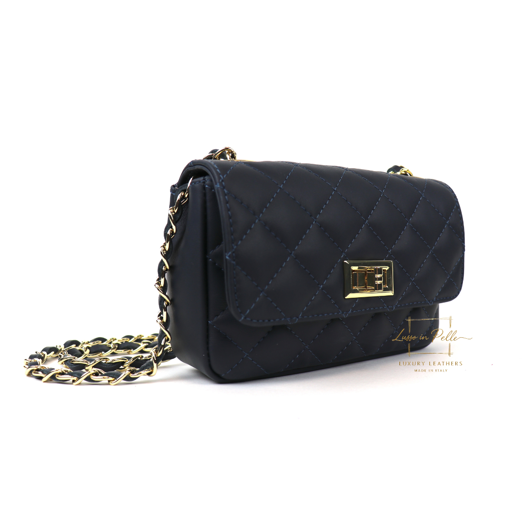 Small Quilted Italian Leather Handbag - Lussoinpelle Navy Crossbody bags