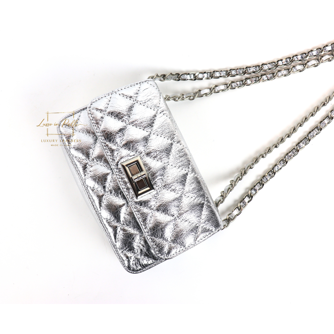 Small Quilted Italian Leather Handbag - Lussoinpelle Silver Crossbody bags