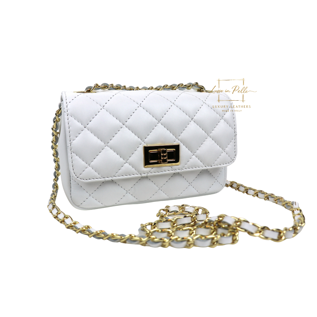 Small Quilted Italian Leather Handbag - Lussoinpelle White Crossbody bags