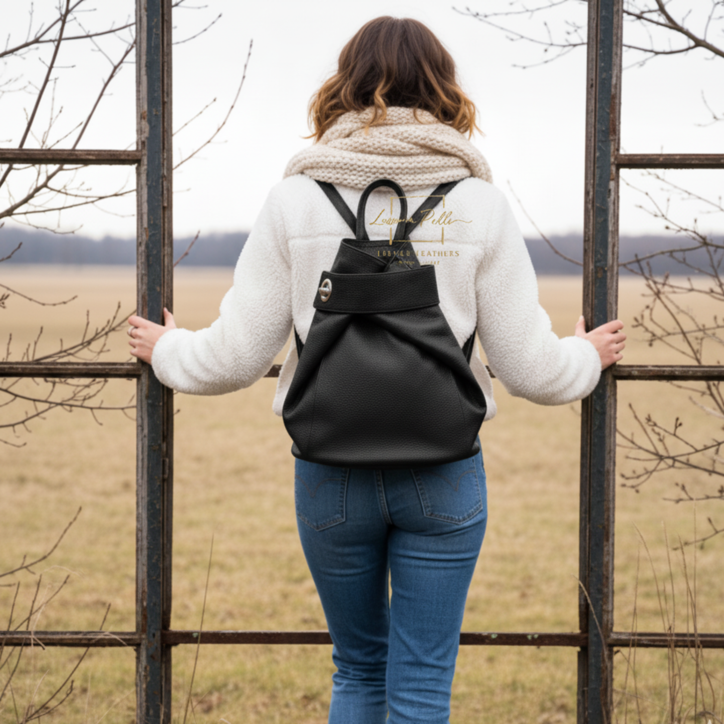 Fold-over Pebbled Leather Backpack