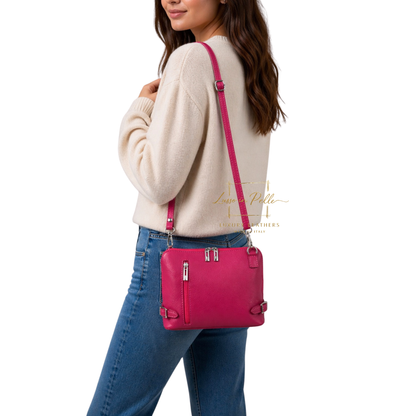 Rectangular Structured Italian Grain Leather Crossbody Bag with Adjustable Straps