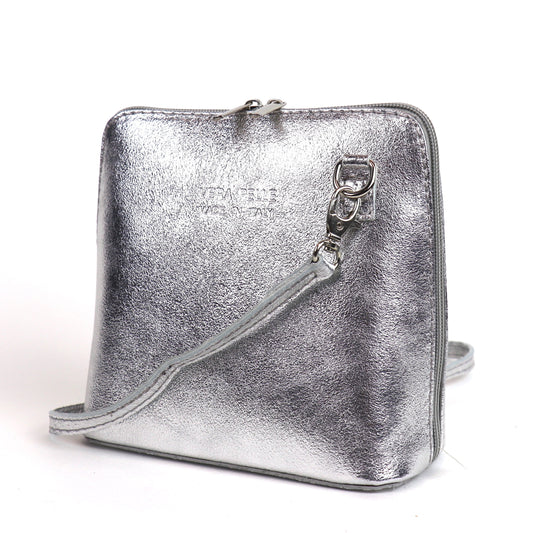 Silver Metallic Genuine Italian Leather Handbag, angle view with a minimalist design.
