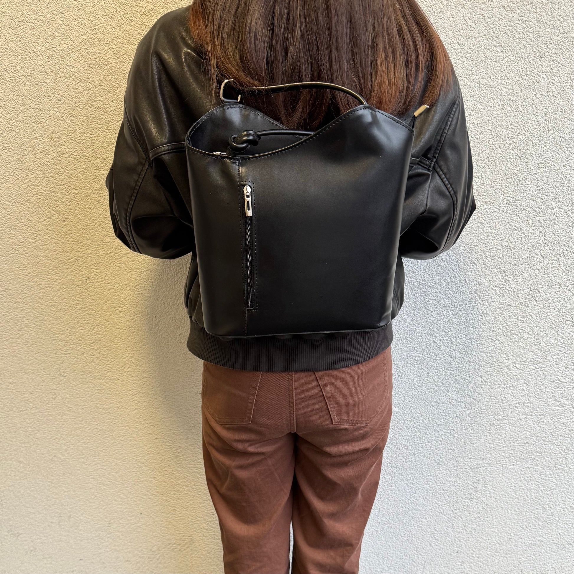 Versa Via - Smooth Italian Leather Convertible Shoulder Bag Backpack Black when worn as backpack