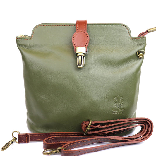 Vera Pelle Leather Crossbody Bag in Olive Green, placed flat with its leather strap visible, emphasizing the smooth leather surface and clean design.