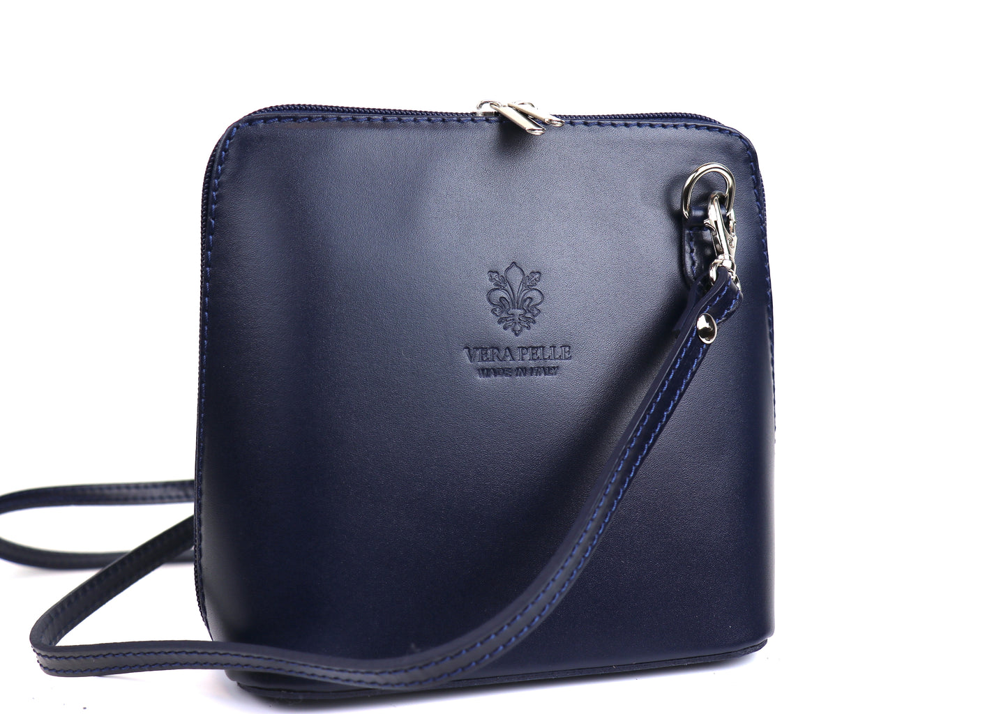 Navy Small Handmade Leather Crossbody Bag, front view with a structured design and dark blue color.
