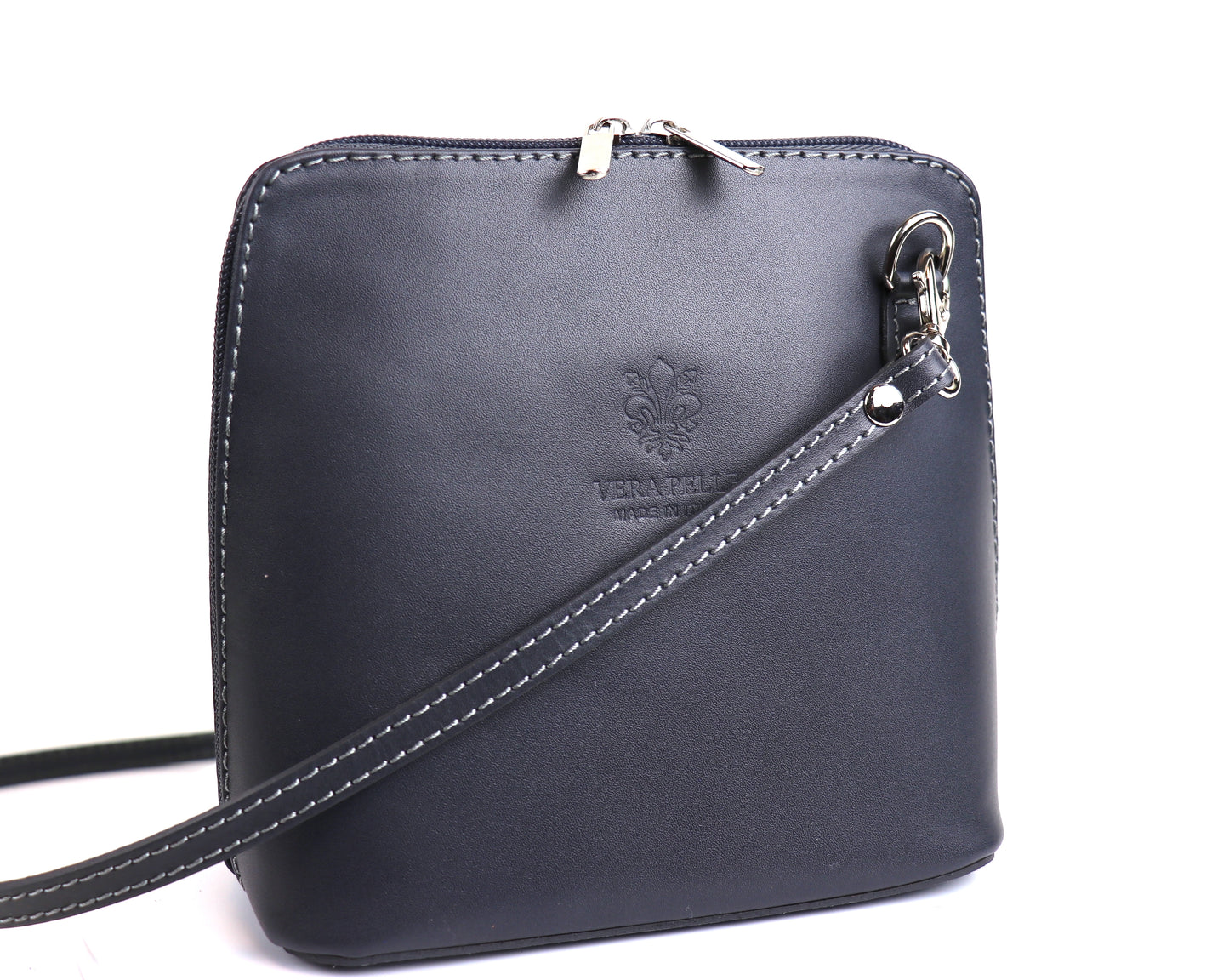 Dark Grey Small Handmade Leather Crossbody Bag, front view with a minimalist look.
