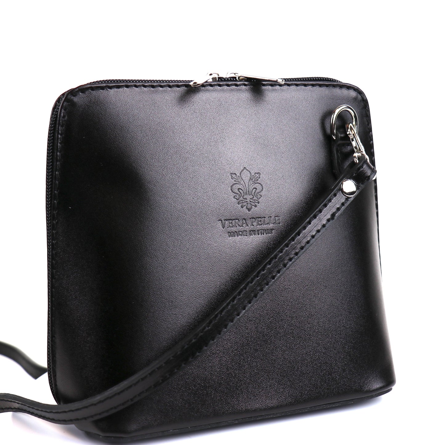 Black Small Handmade Leather Crossbody Bag, front view with a sleek, classic design.
