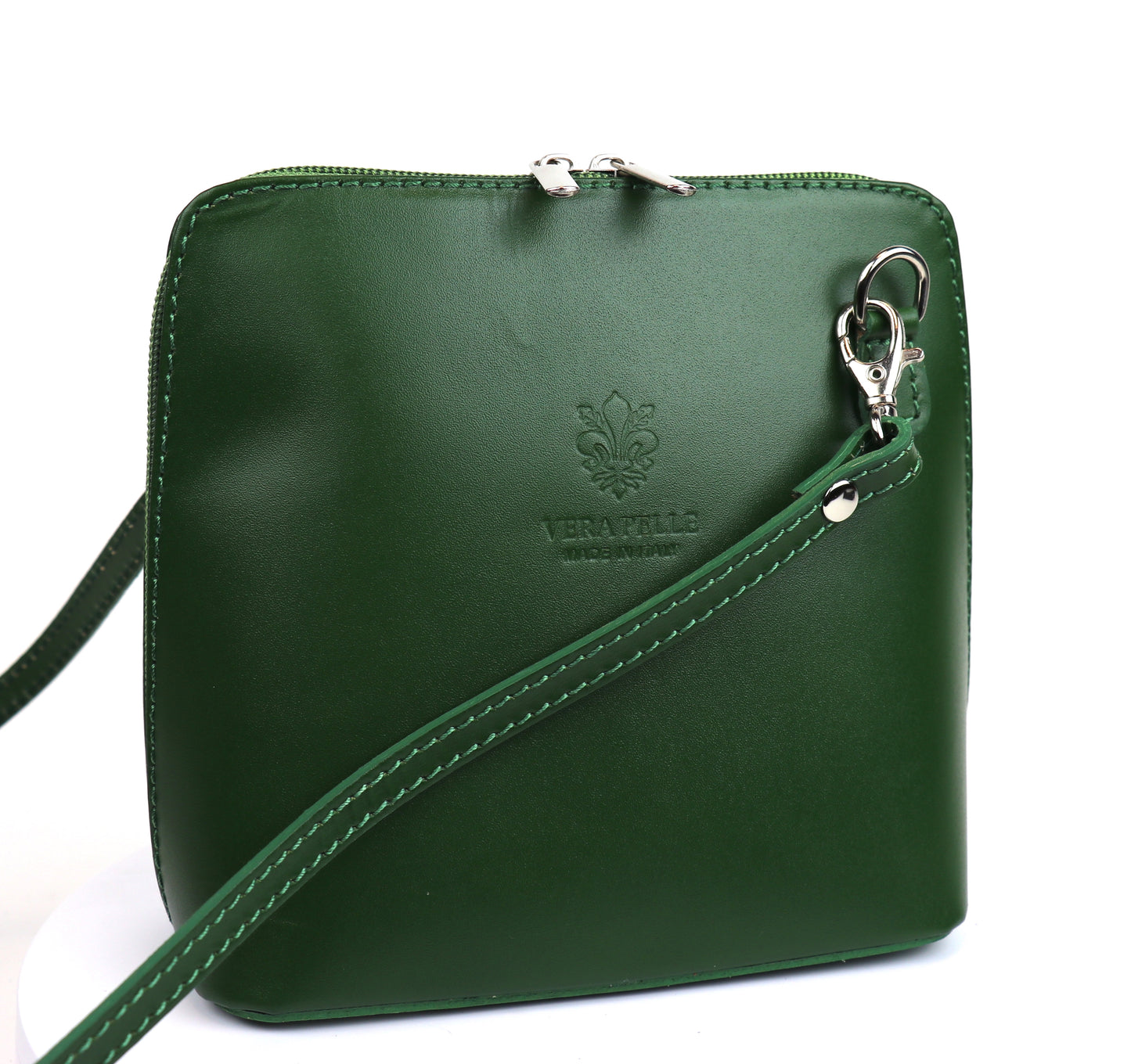 Green Small Handmade Leather Crossbody Bag, front view featuring a deep green color.
