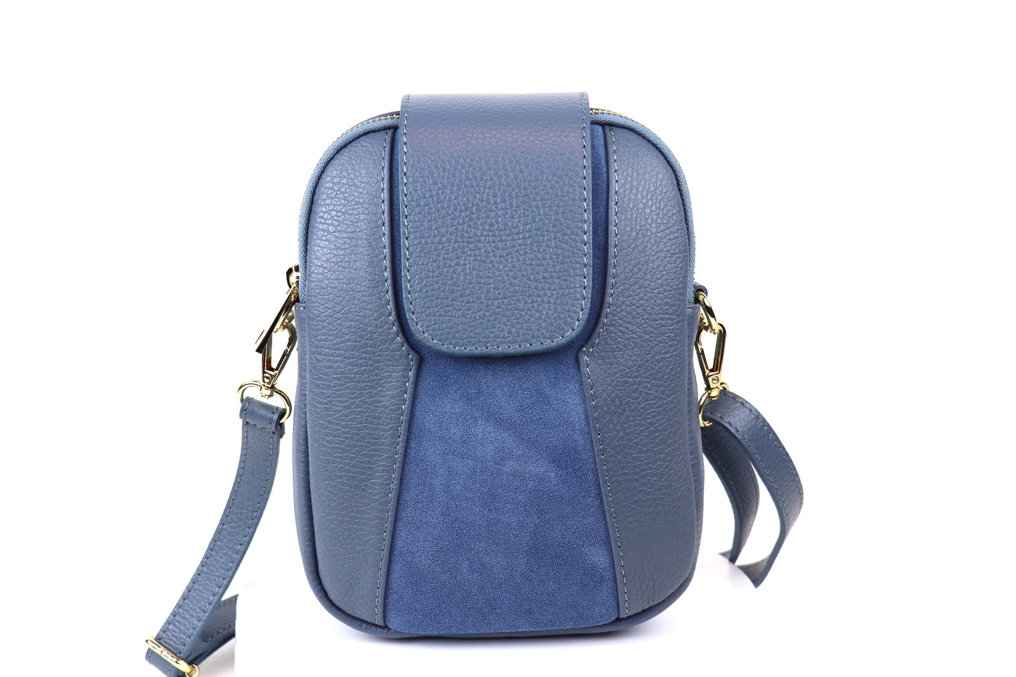 Denim blue Crossbody Bag with Detachable Straps, front view.