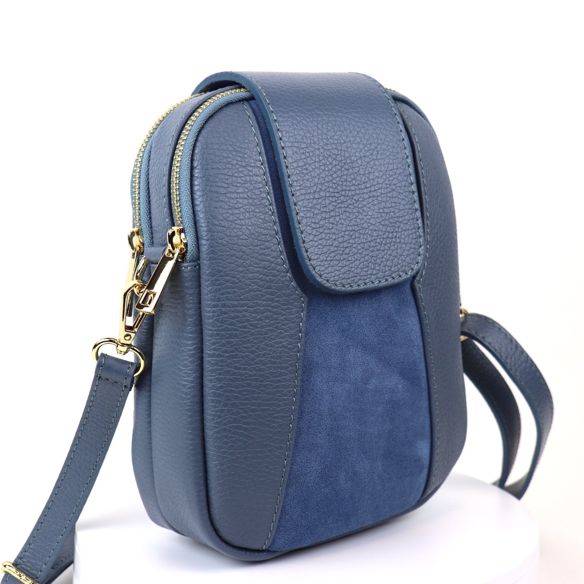 Grey Crossbody Bag with Detachable Straps, angled view.