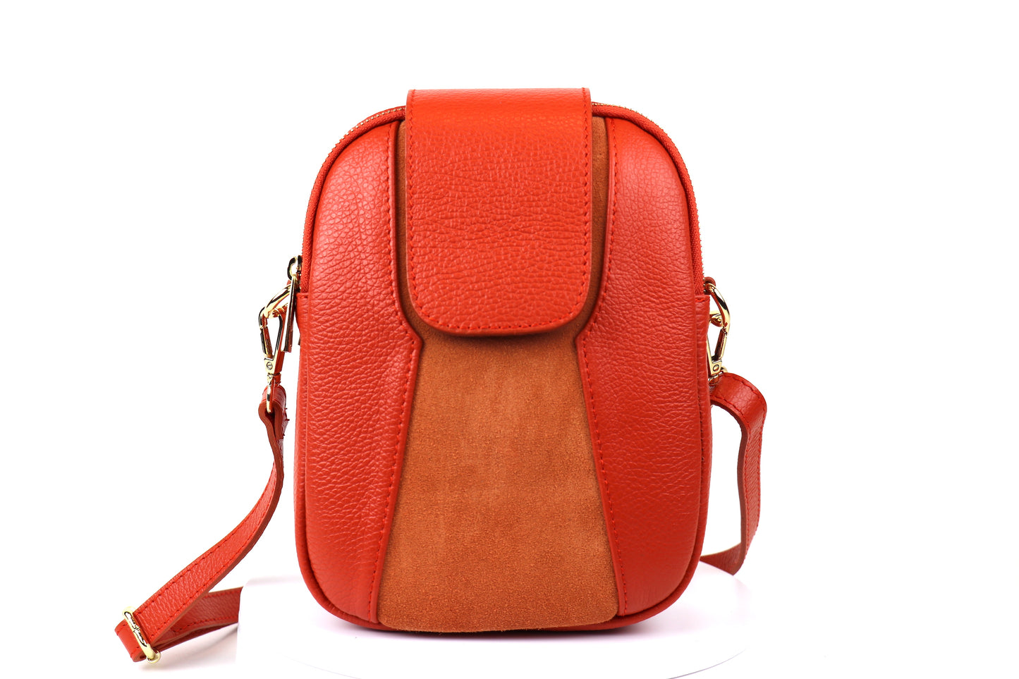 Orange Crossbody Bag with Detachable Straps, front view.