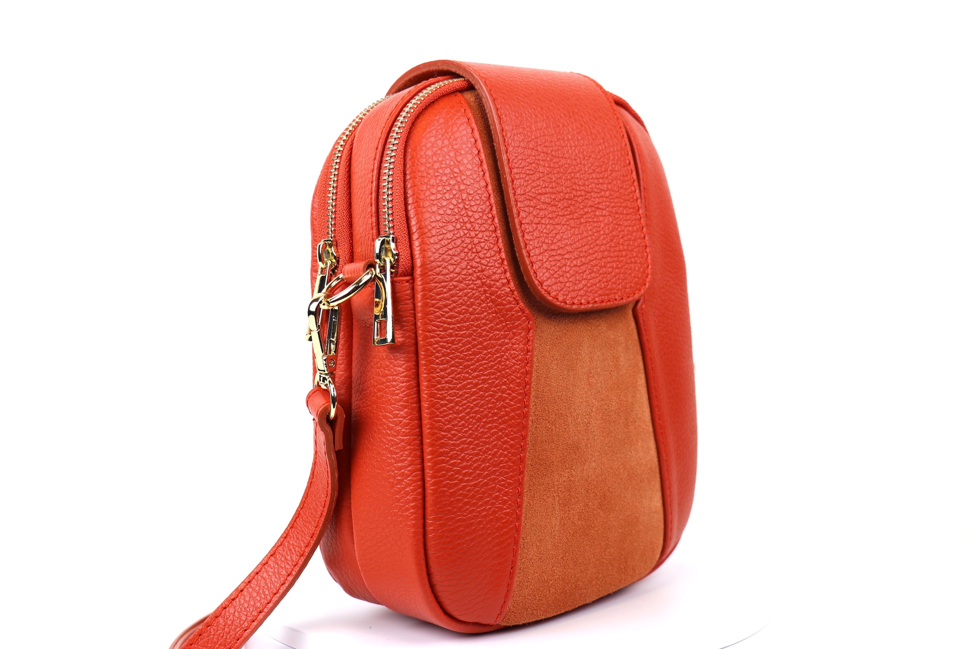 Orange Crossbody Bag with Detachable Straps, side view.