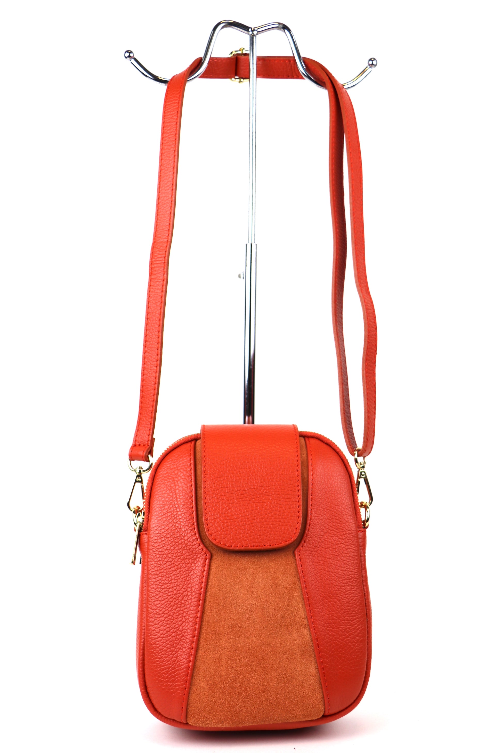 Orange Crossbody Bag with Detachable Straps, front view.