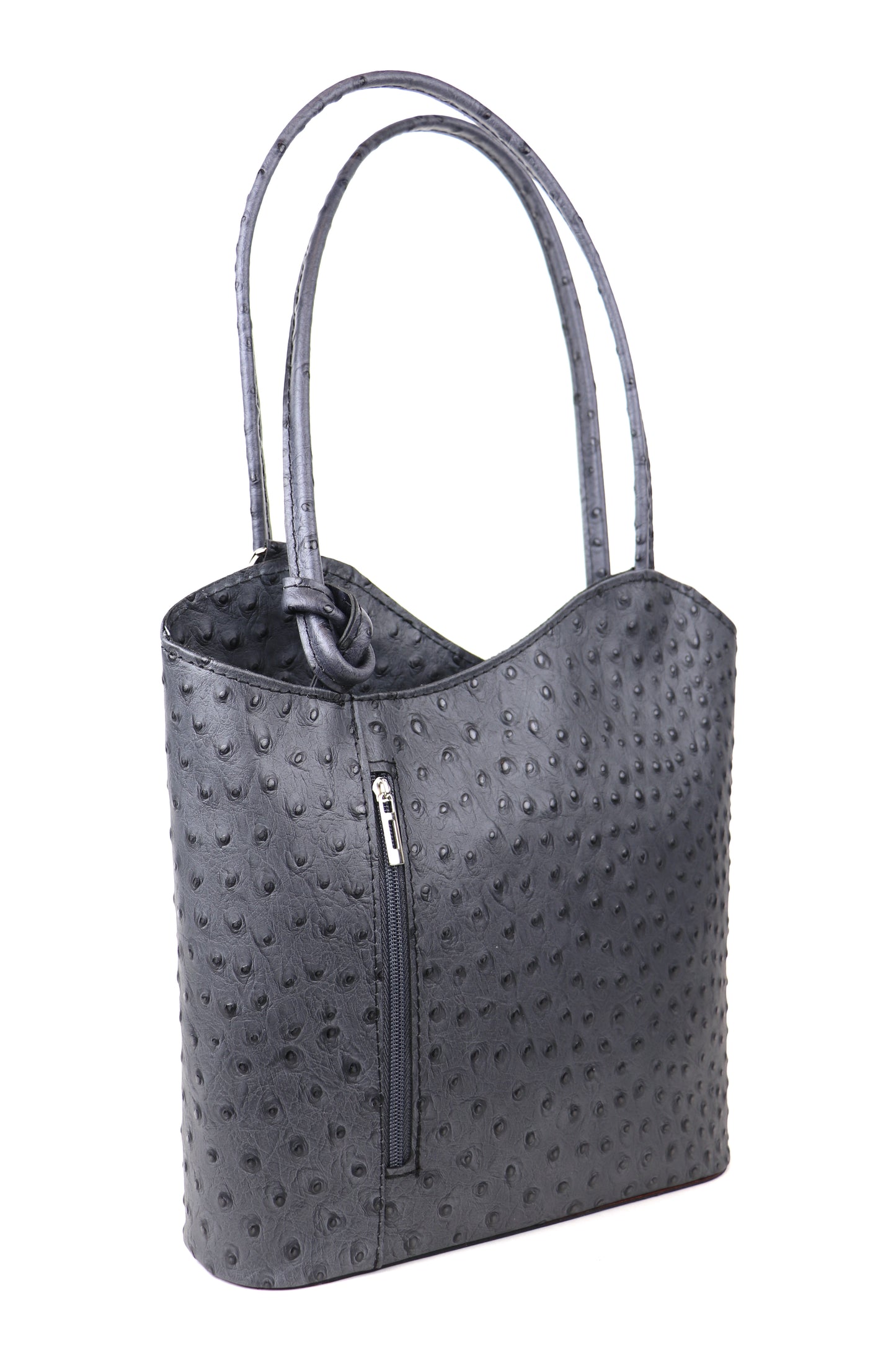 Grey Single-Tone Ostrich Style Italian Leather Convertible Handbag and Backpack, front view showcasing the textured leather design and long handles.
