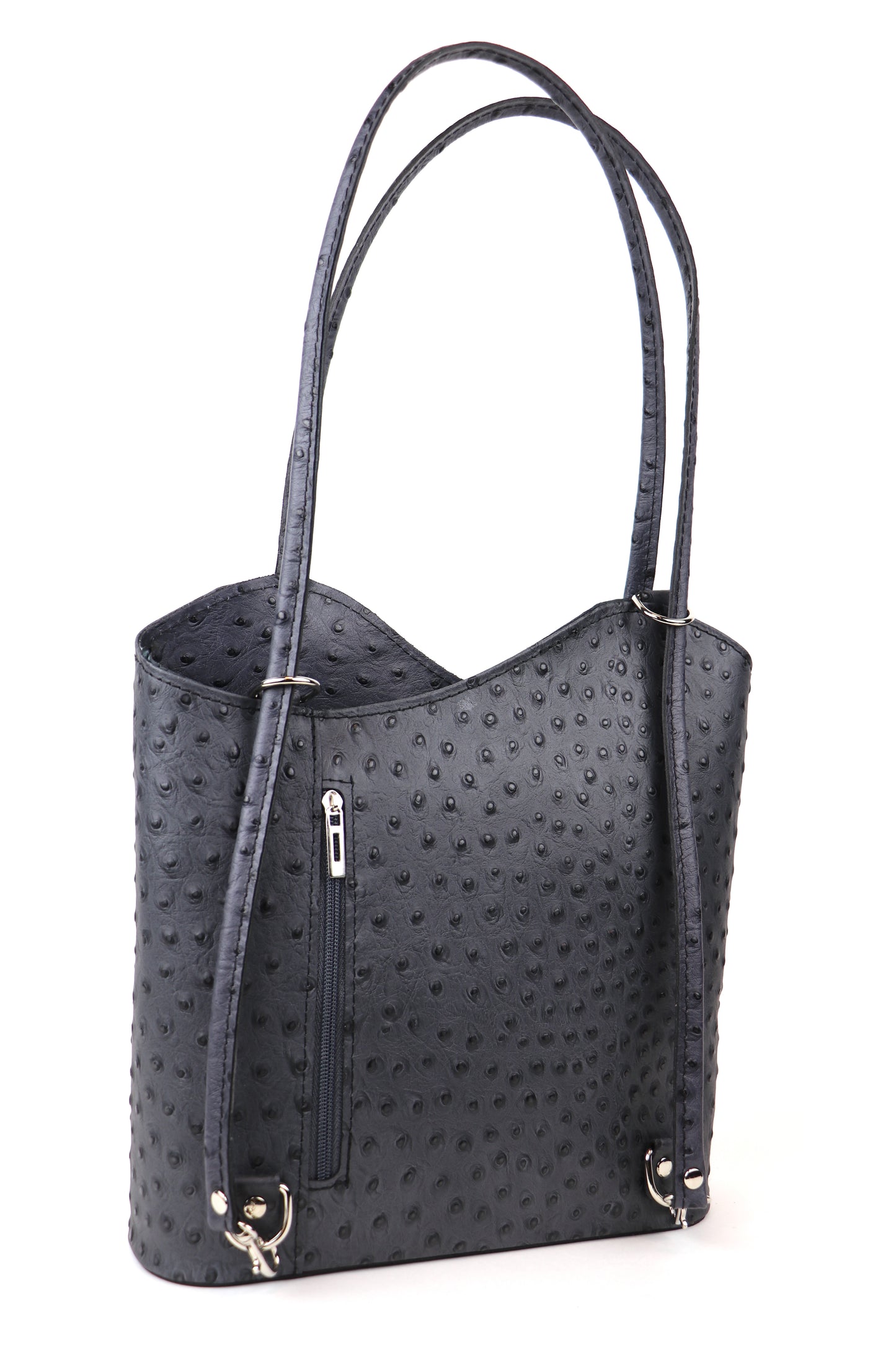 Grey Single-Tone Ostrich Style Italian Leather Convertible Handbag and Backpack, front view showcasing the textured leather design and long handles.
