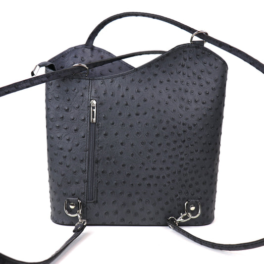 Grey Single-Tone Ostrich Style Italian Leather Convertible Handbag and Backpack, front view showcasing the textured leather design and long handles.
