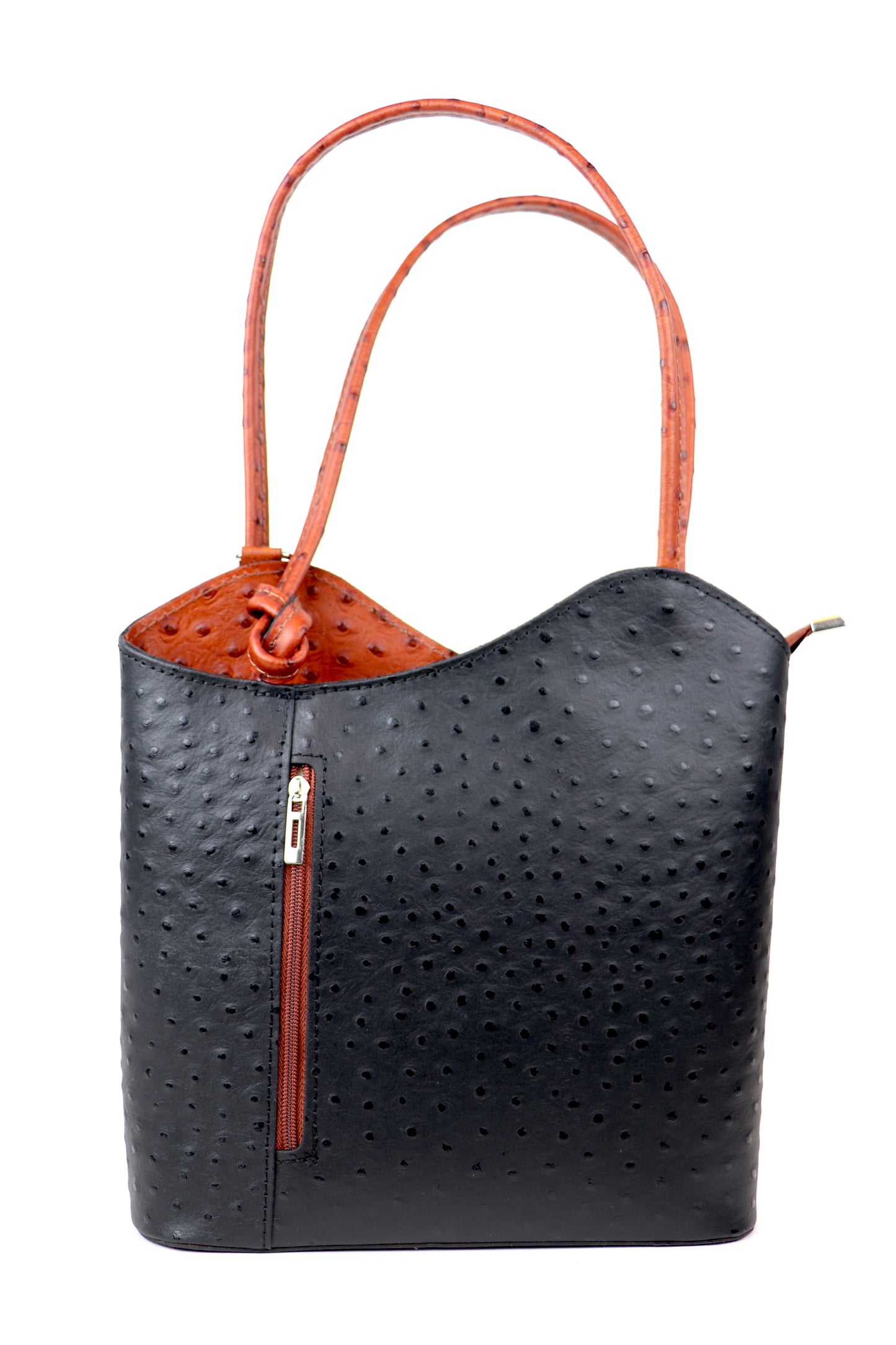 Two-Tone Ostrich Style Genuine Italian Leather Convertible Handbag and Backpack