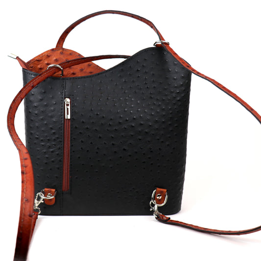 Two-Tone Ostrich Style Genuine Italian Leather Convertible Handbag and Backpack in Black and Tan, front view showcasing the textured leather design.
