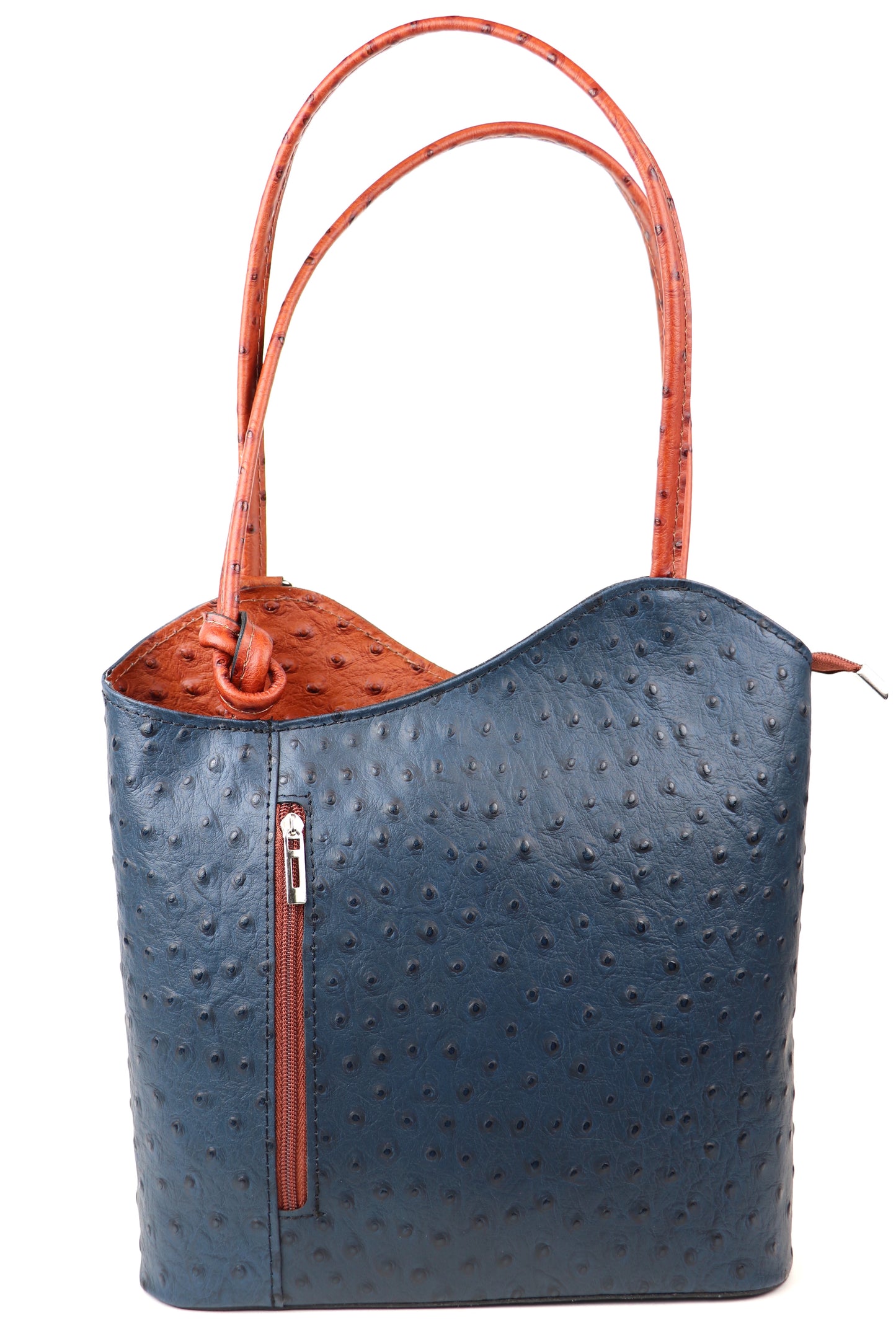 Two-Tone Ostrich Style Genuine Italian Leather Convertible Handbag and Backpack
