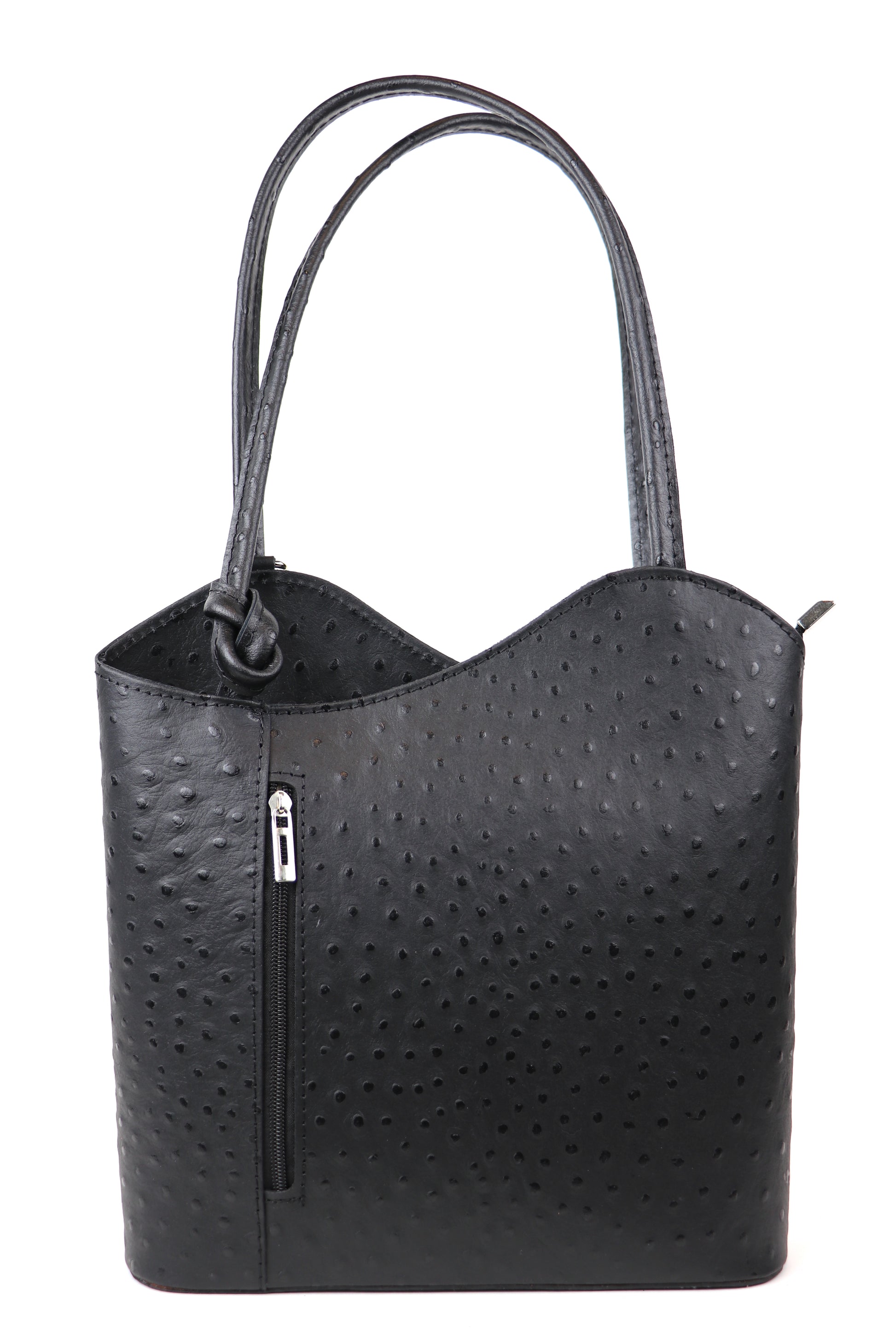 Black Single-Tone Ostrich Style Italian Leather Convertible Handbag and Backpack, close-up view of the textured leather and dual straps.
