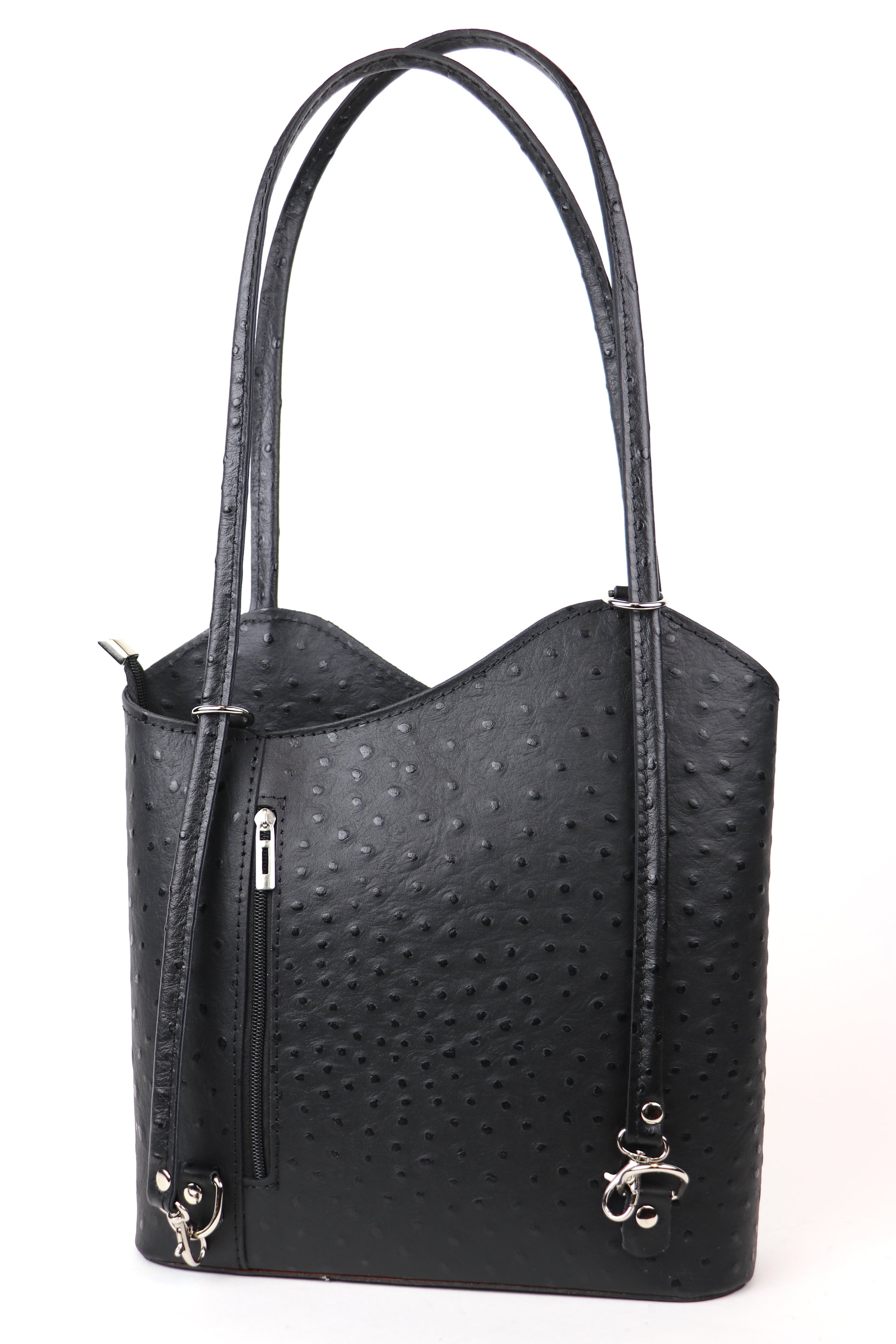 Black Single-Tone Ostrich Style Italian Leather Convertible Handbag and Backpack, close-up view of the textured leather and dual straps.
