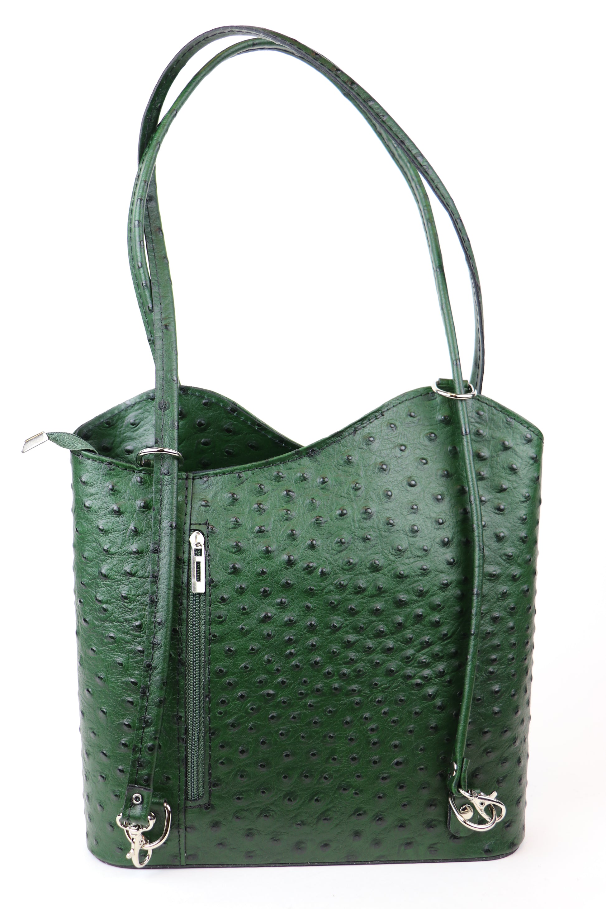 Green Single-Tone Ostrich Style Italian Leather Convertible Handbag and Backpack, front view highlighting the rich green color and textured leather.
