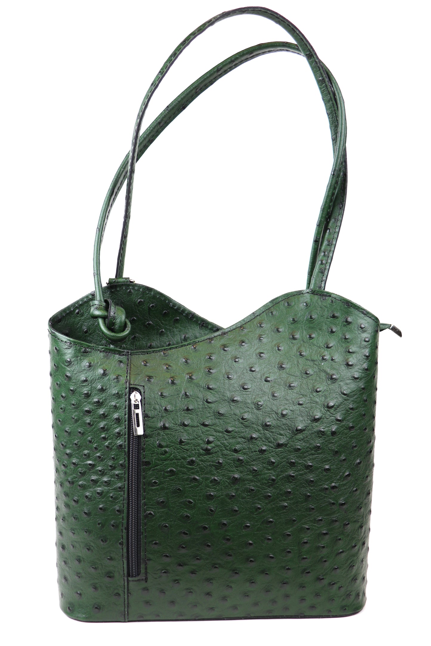 Green Single-Tone Ostrich Style Italian Leather Convertible Handbag and Backpack, angled view with a structured design.
