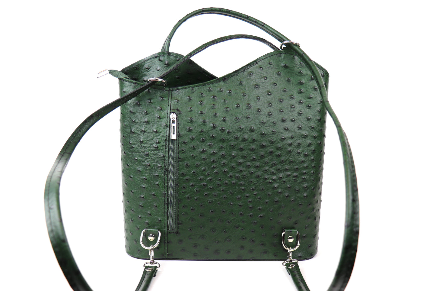 Green Single-Tone Ostrich Style Italian Leather Convertible Handbag and Backpack, front view highlighting the rich green color and textured leather.
