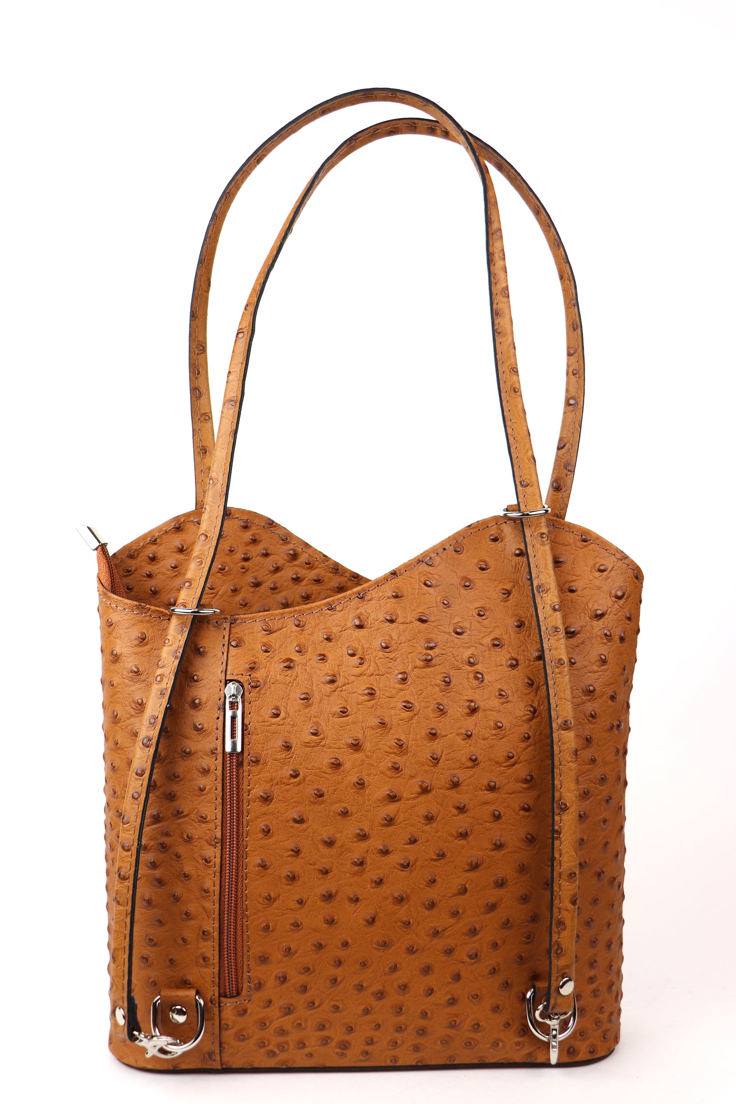 Tan Single-Tone Ostrich Style Italian Leather Convertible Handbag and Backpack, front view with a warm tan color and ostrich texture.
