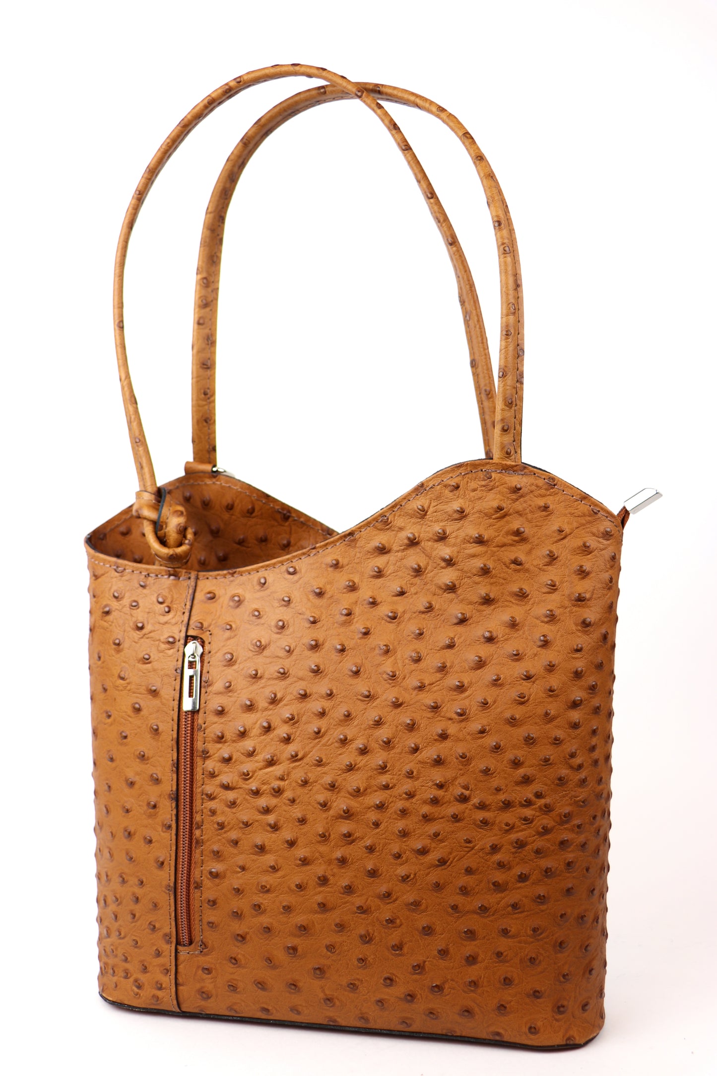 Tan Single-Tone Ostrich Style Italian Leather Convertible Handbag and Backpack, front view with a warm tan color and ostrich texture.
