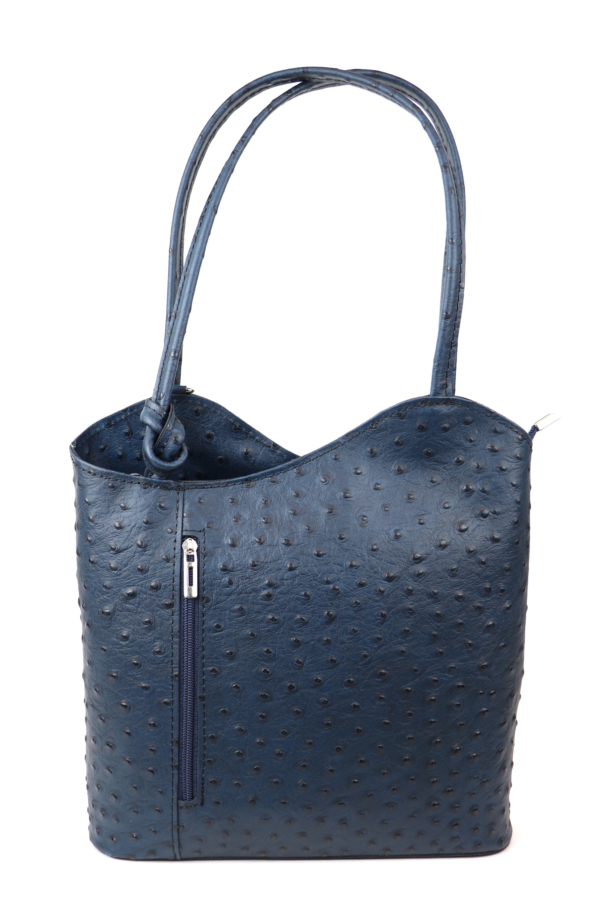 Navy Single-Tone Ostrich Style Italian Leather Convertible Handbag, front view highlighting the dark navy color and textured leather.
