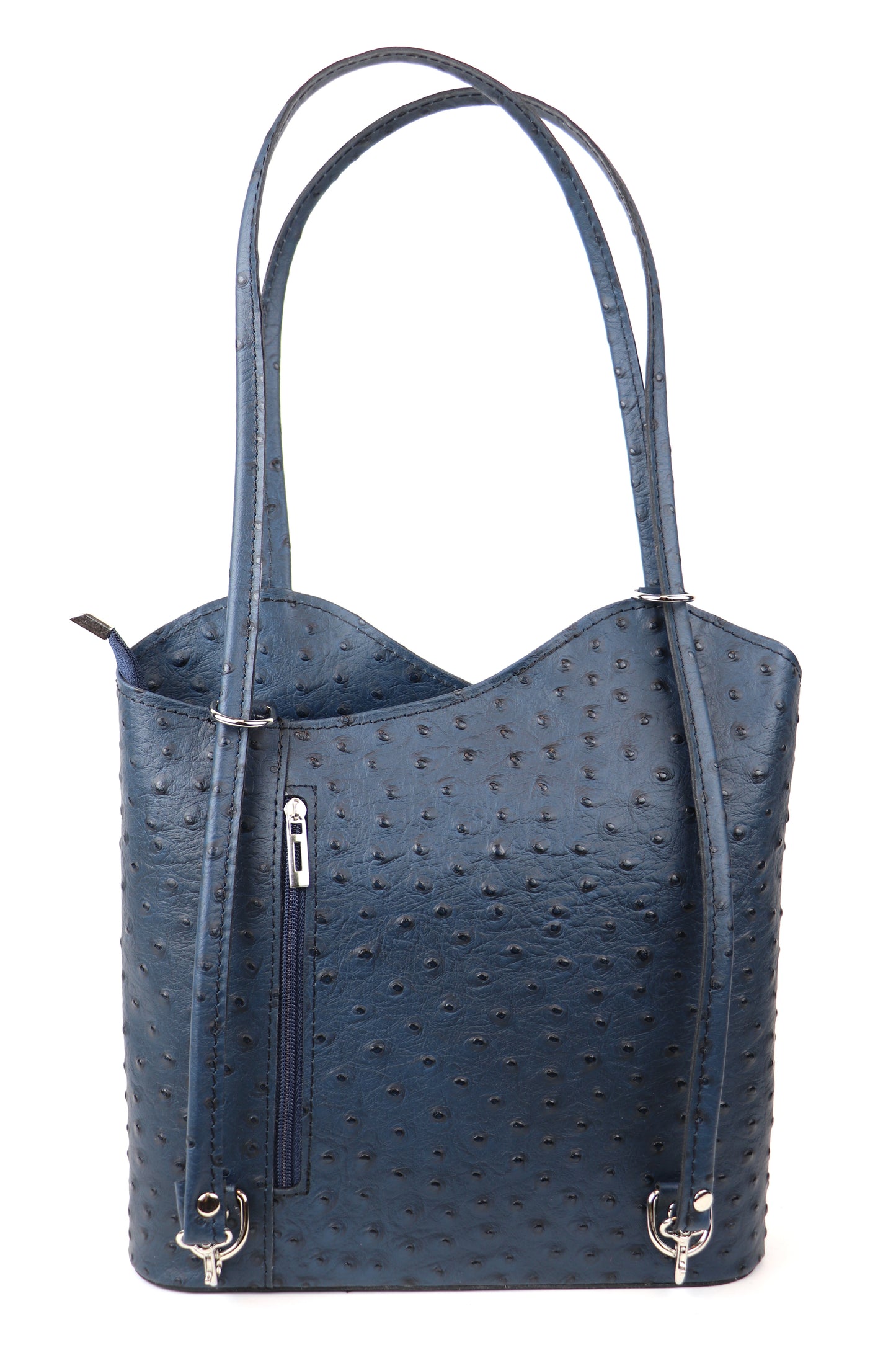 Navy Single-Tone Ostrich Style Italian Leather Convertible Handbag, front view highlighting the dark navy color and textured leather.
