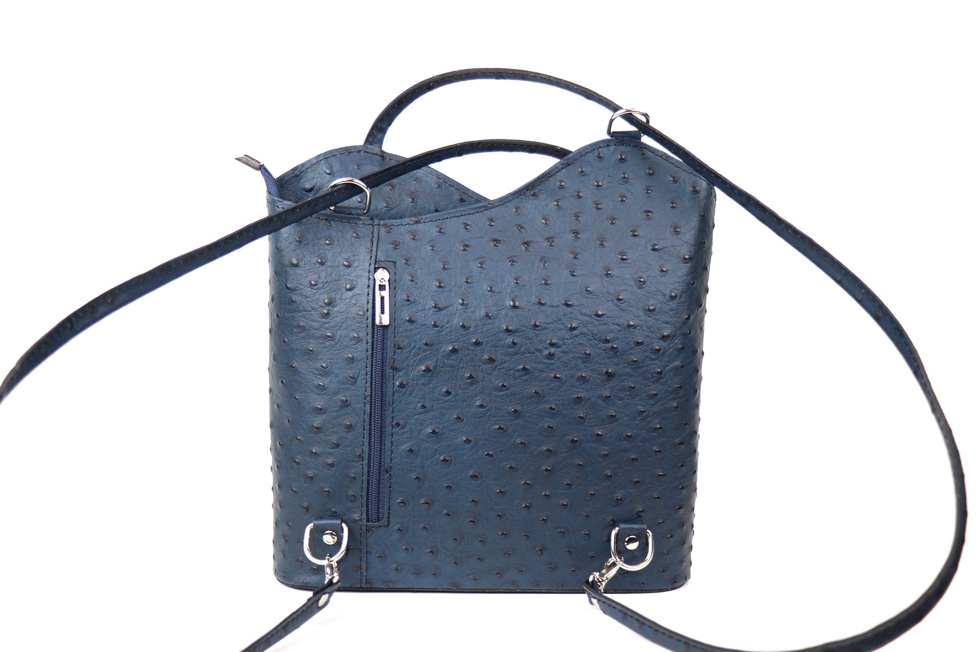 Navy Single-Tone Ostrich Style Italian Leather Convertible Handbag, front view highlighting the dark navy color and textured leather.
