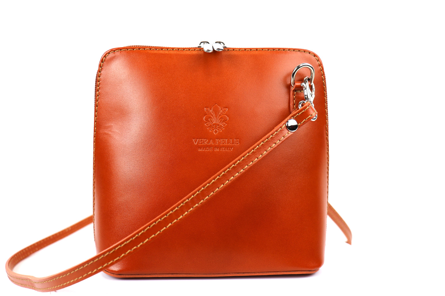 Burnt Orange Small Handmade Leather Crossbody Bag, front view with a vibrant orange color.
