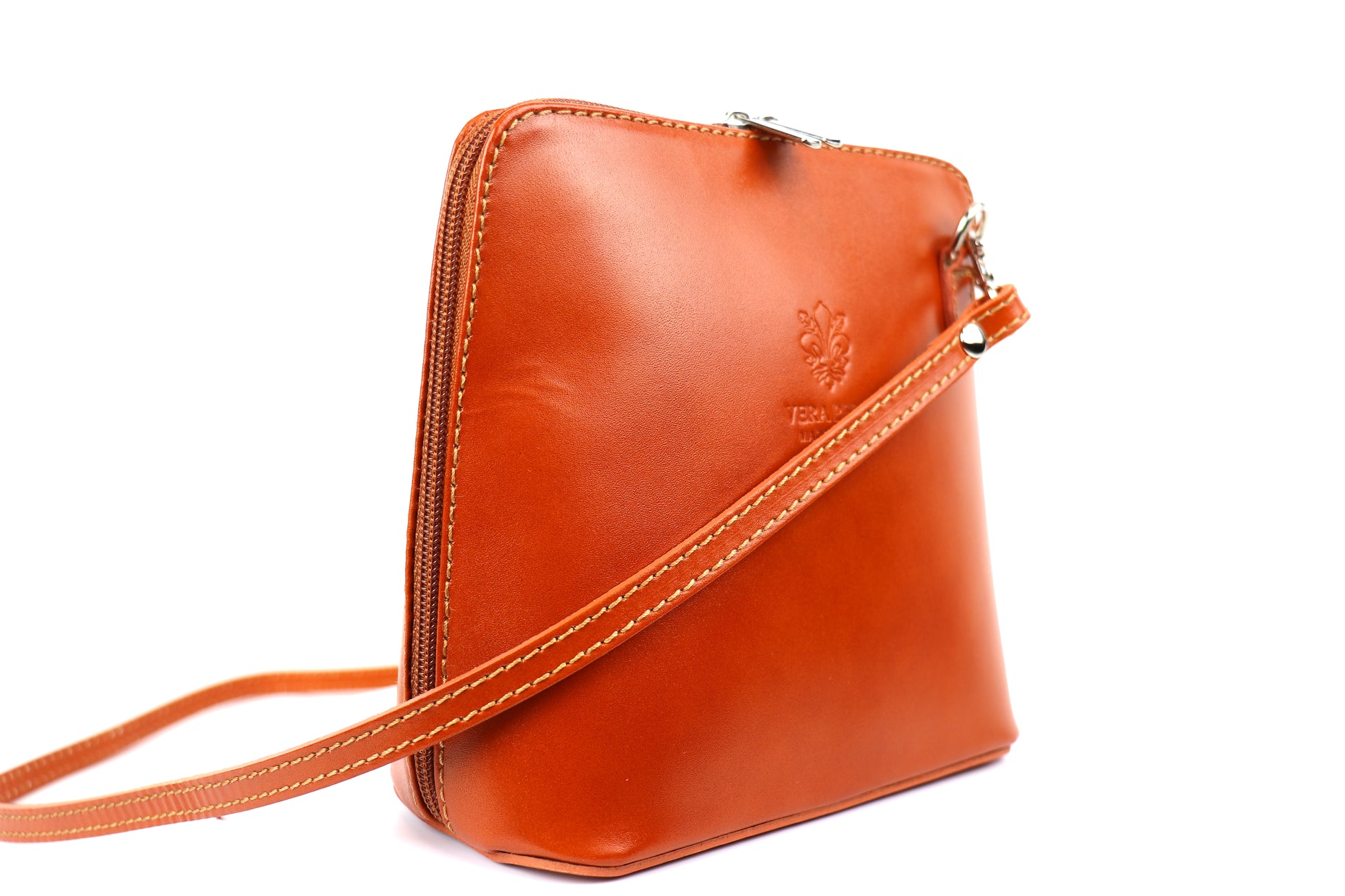 Burnt Orange Small Handmade Leather Crossbody Bag, side view featuring a bright orange tone.
