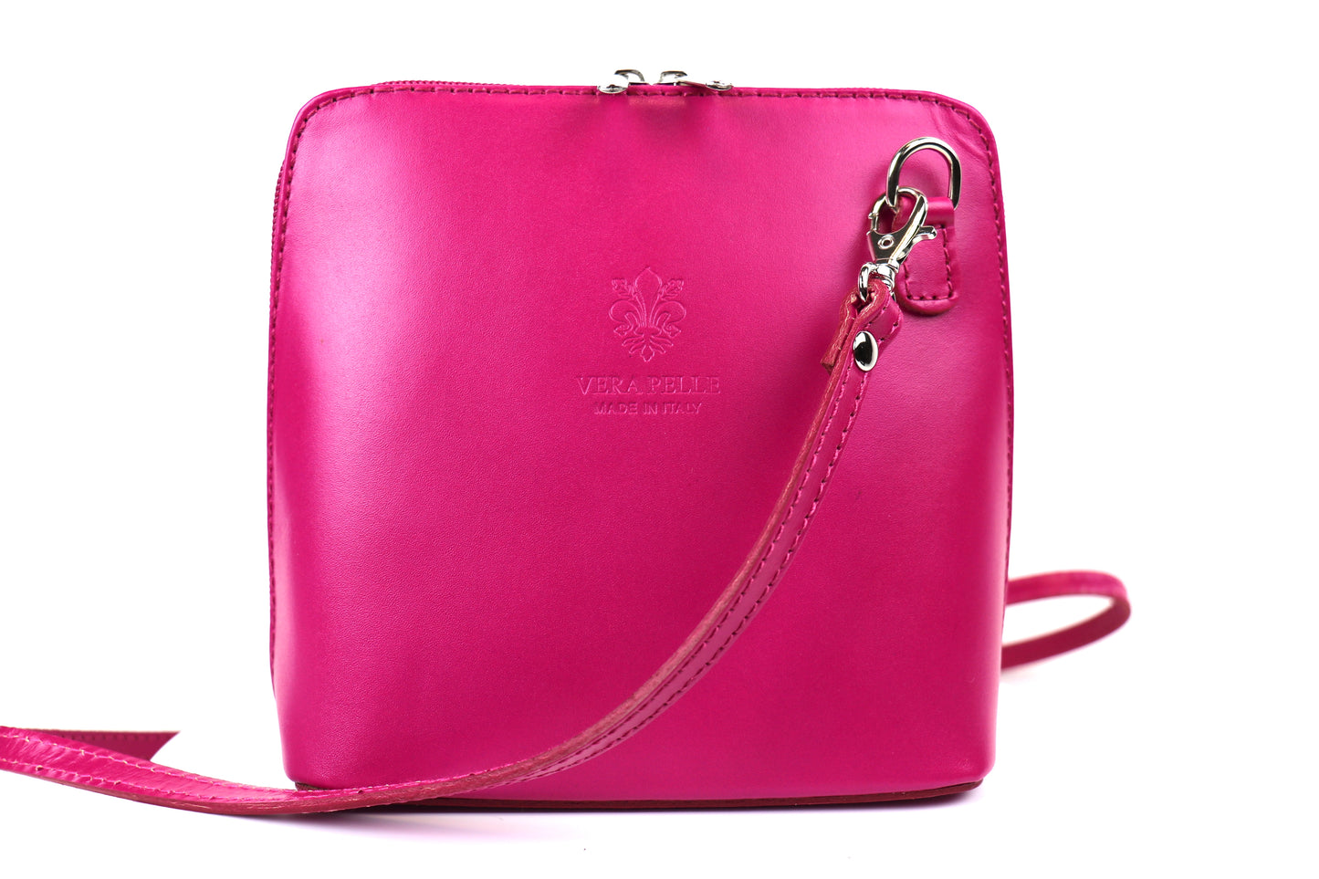 Fuchsia Small Handmade Leather Crossbody Bag, front view featuring a bright and bold pink.
