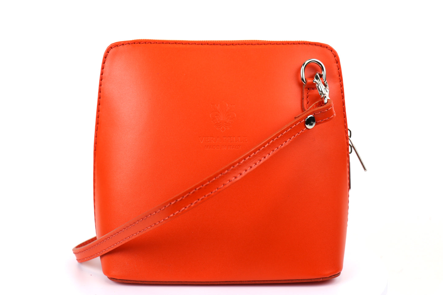 Burnt Orange Small Handmade Leather Crossbody Bag, front view with a vibrant orange color.
