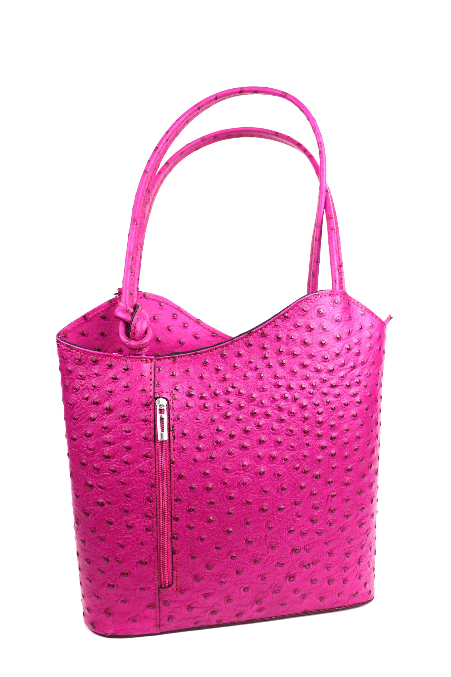 Single-Tone Ostrich Style Italian Leather Convertible Handbag and Backpack - Lussoinpelle Fuchsia Bakcpack