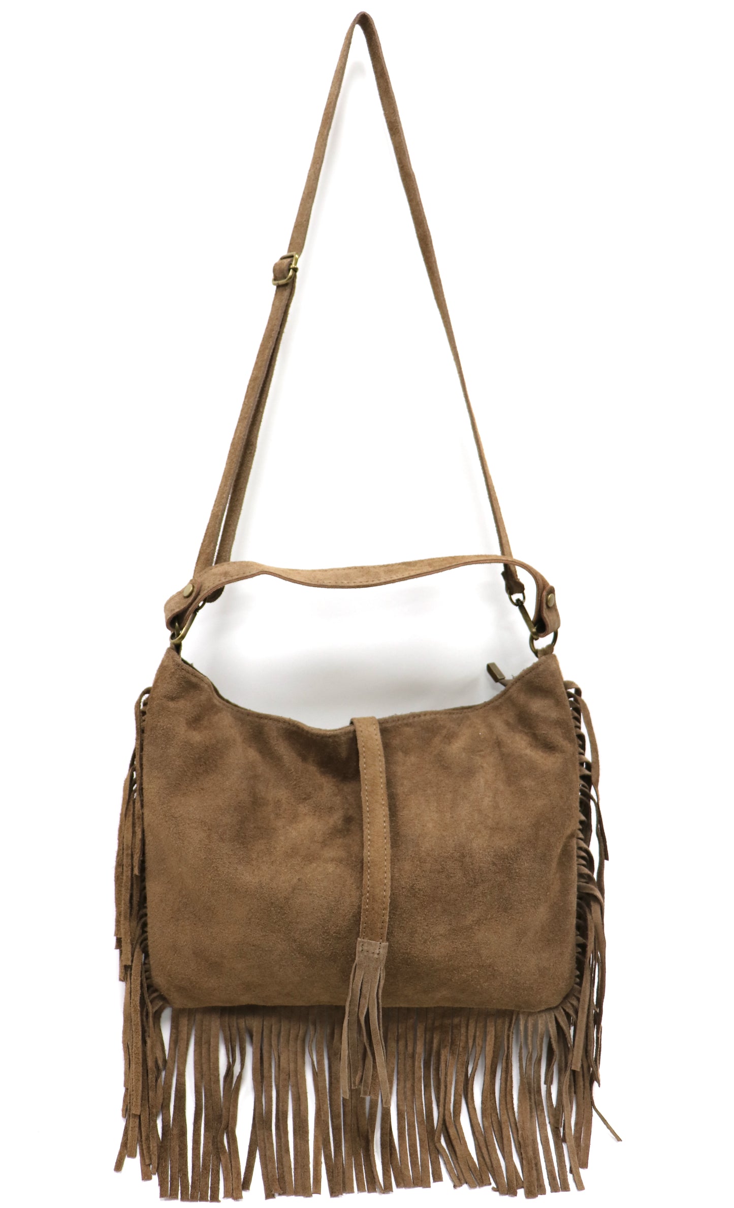 Large Suede Fringe Bag with Shoulder and Crossbody Straps: Handmade Genuine Italian Cowhide Suede Purse