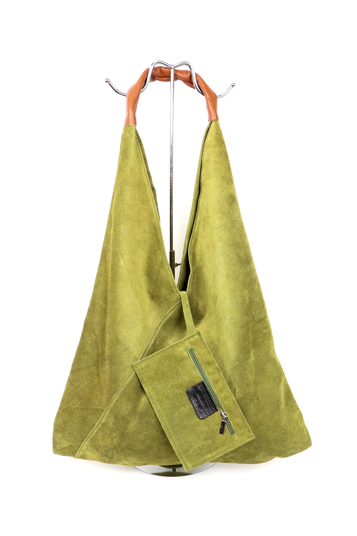 Front view of the Olive Green Samantha Large Tote Laptop Bag displayed on a stand, featuring a matching detachable pouch and brown leather handles.