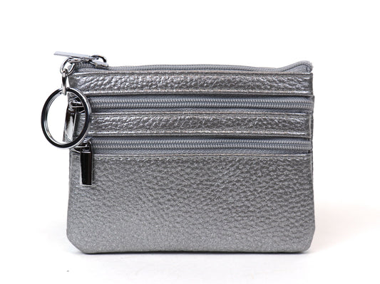 Leather Small Three Zip Card/Cash Pouch - Lussoinpelle Silver