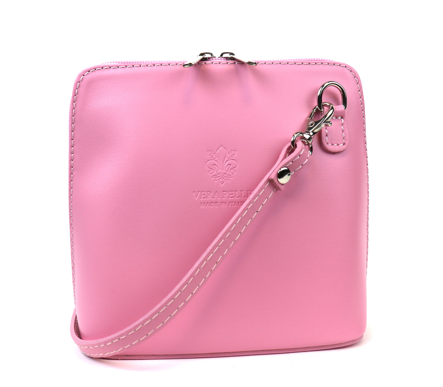 Baby Pink Small Handmade Leather Crossbody Bag, front view with a delicate soft pink tone.
